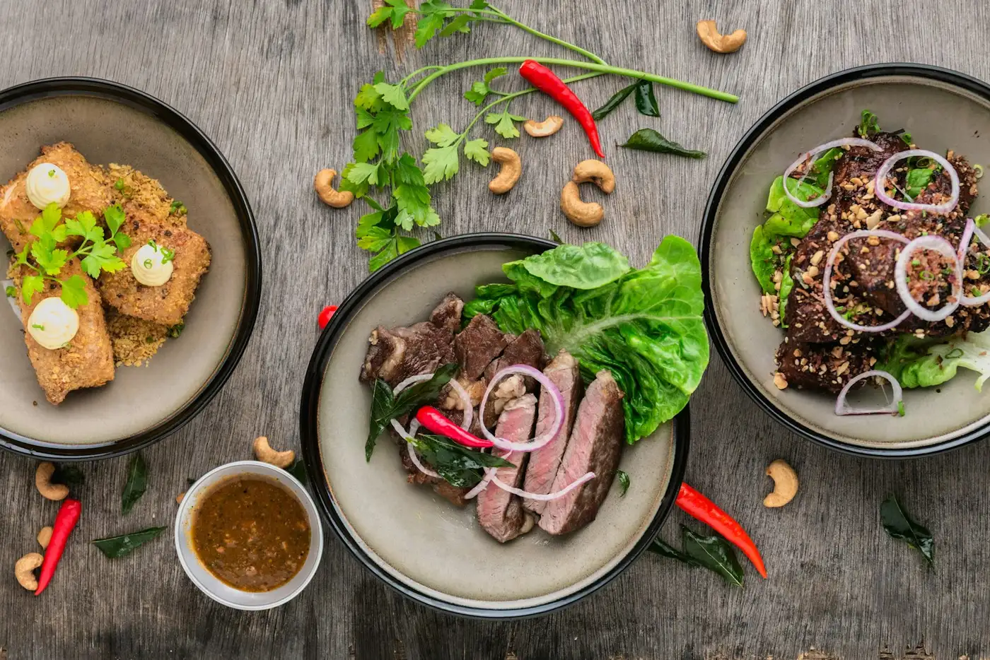 A home dinner spread on a wooden table